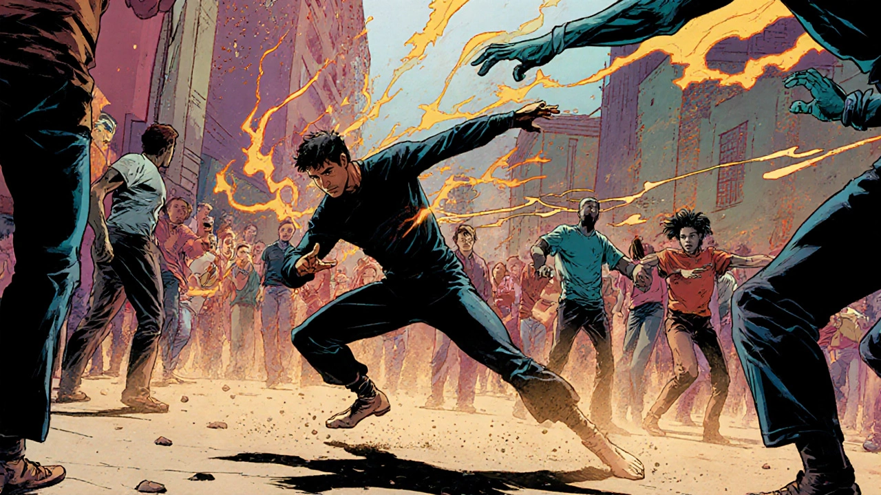 Человек использует капоэйру для уклонения от нападения в оживленном общественном месте.