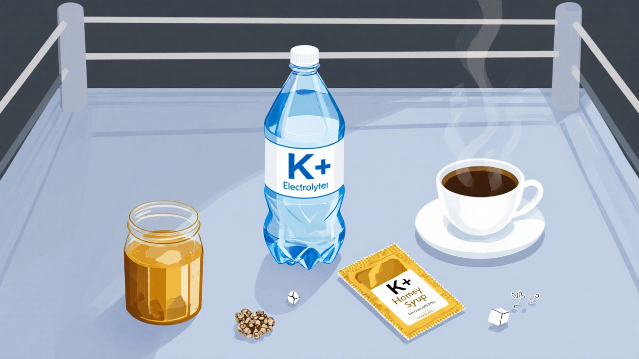 На столе в боксе разложены вода, изотоник, мёд, энергетический гель и кофе.