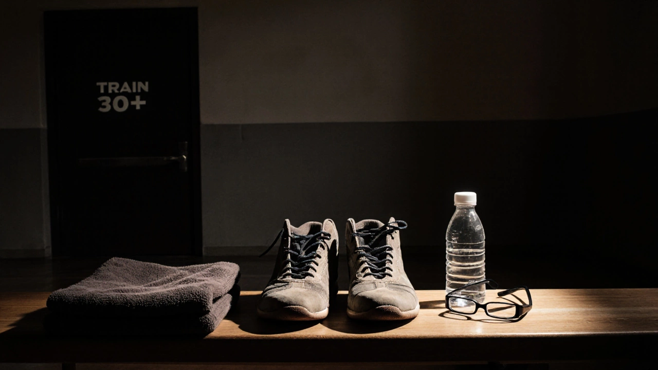 Пары борцовских ботинок и очки на скамейке — символ начала нового пути после 40.