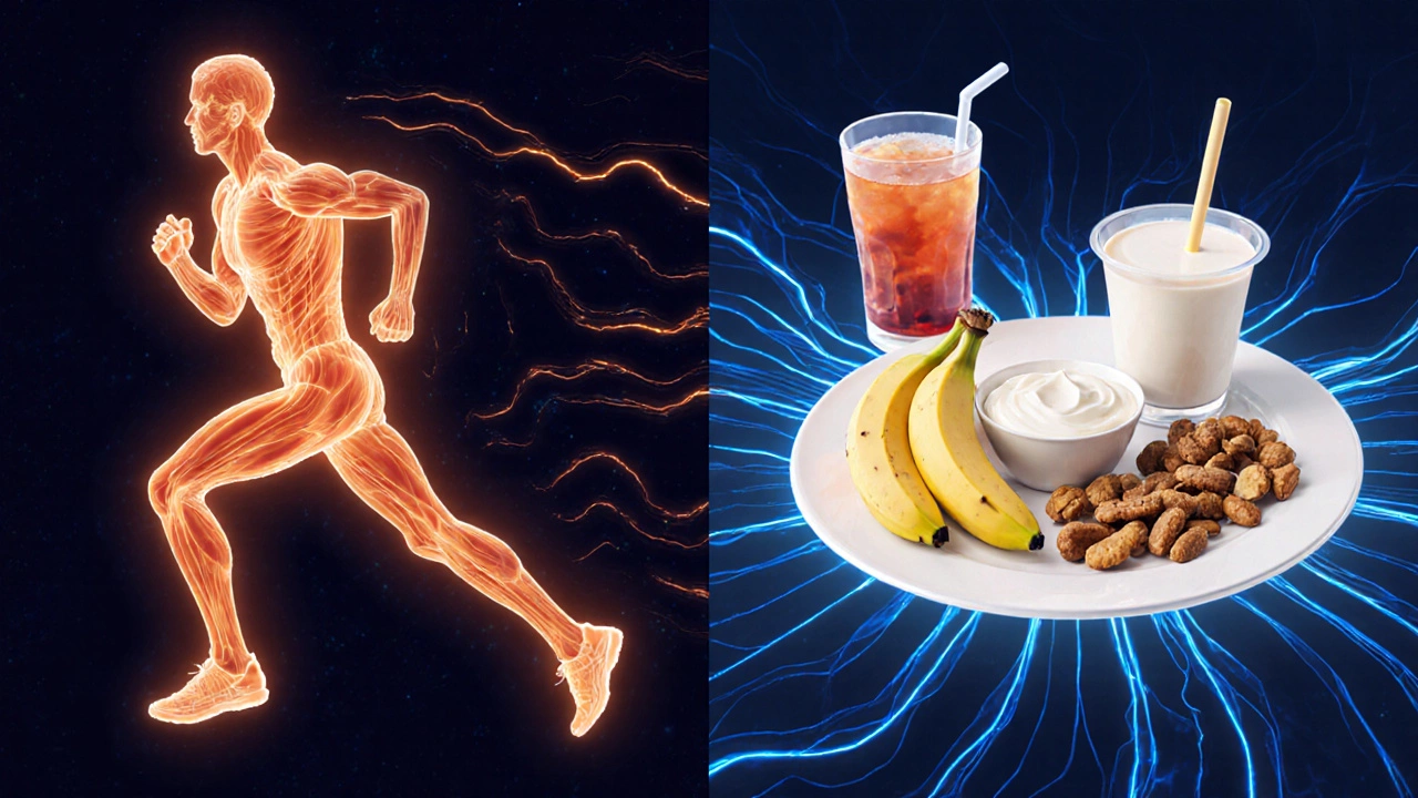 Схема: разложение запасов гликогена и топливо для восстановления — бананы, йогурт, соль и напиток.