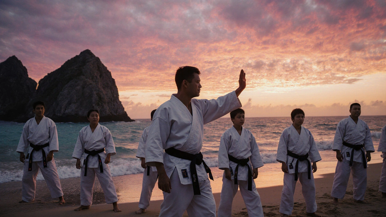 Современный мастер каратэ учит ката «Тайхо» на закате на пляже Окинавы, окружённый учениками.