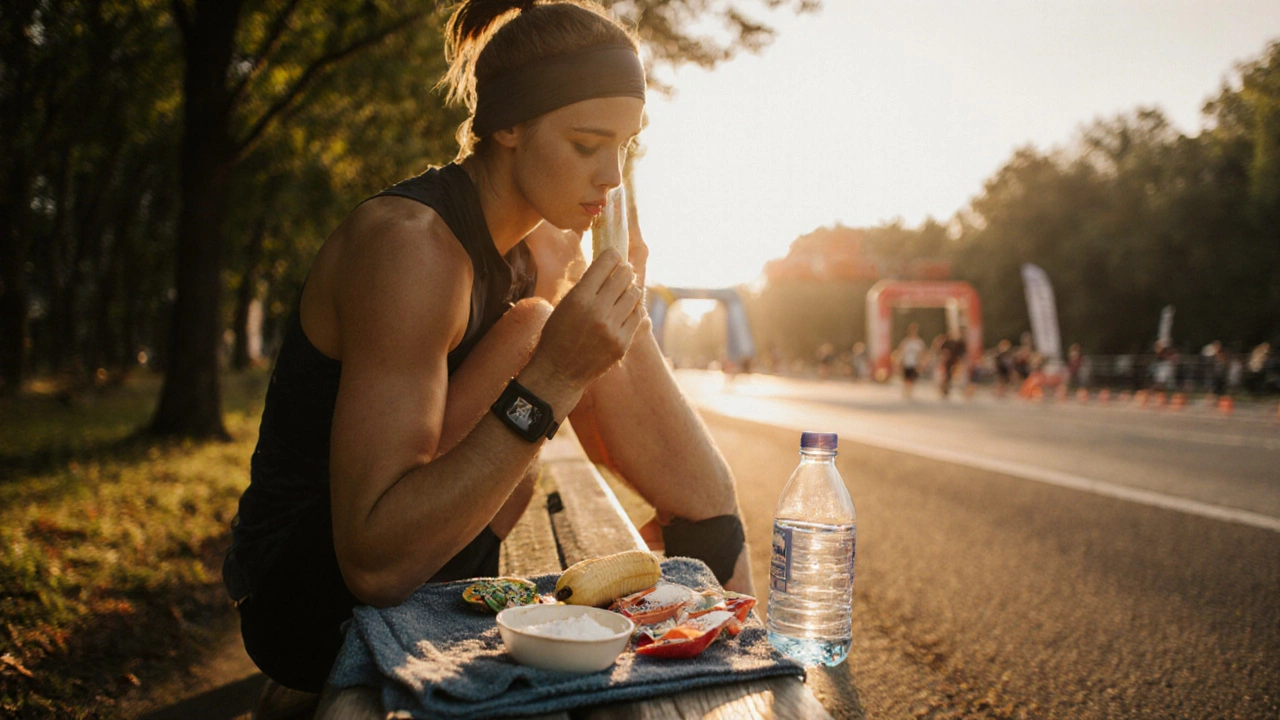 Спортсмен восстанавливается после тренировки, ест банан с йогуртом на фоне заката.