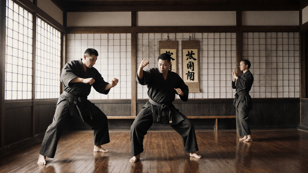 Внутренний интерьер доисторической додзё с тремя основателями каратэ, демонстрирующими свои стили.