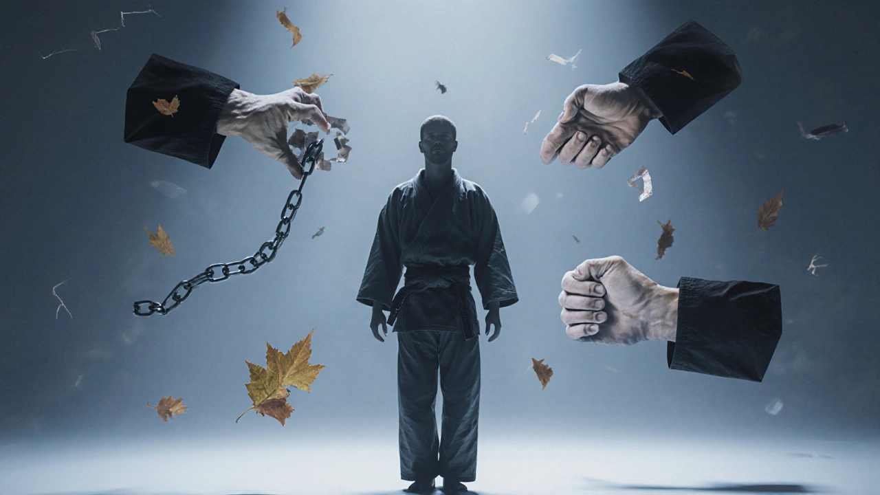 Абстрактная фигура, окружённая символами силы, дисциплины и уважения, в спокойной градиентной среде.