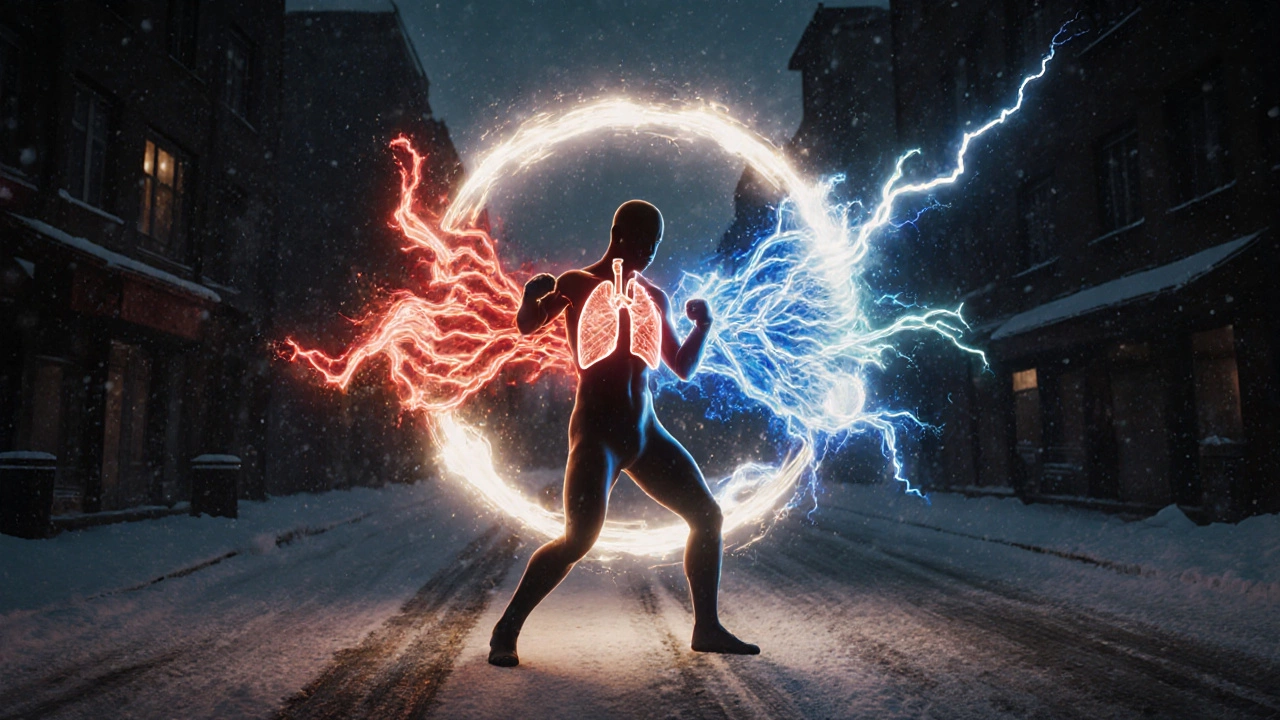 Абстрактное изображение тела в виде энергетического круга с сердцем, лёгкими и нервами, символизирующее бокс как целостную тренировку.