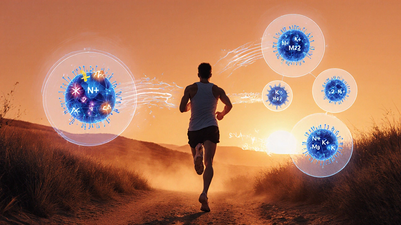 Бегун на закате с прозрачными молекулярными структурами, показывающими восстановление энергии в мышцах.