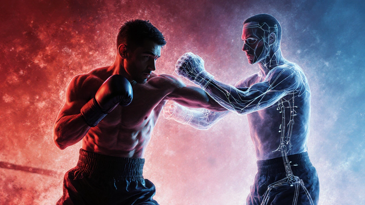 Боксер с искажёнными движениями, рядом прозрачный тренер показывает правильную технику.