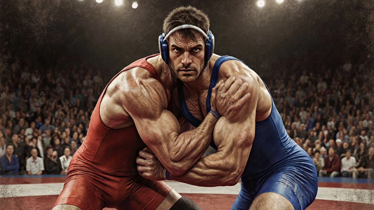 Борец в напряжённой борьбе на ковре, оба спортсмена в борьбе за контроль.