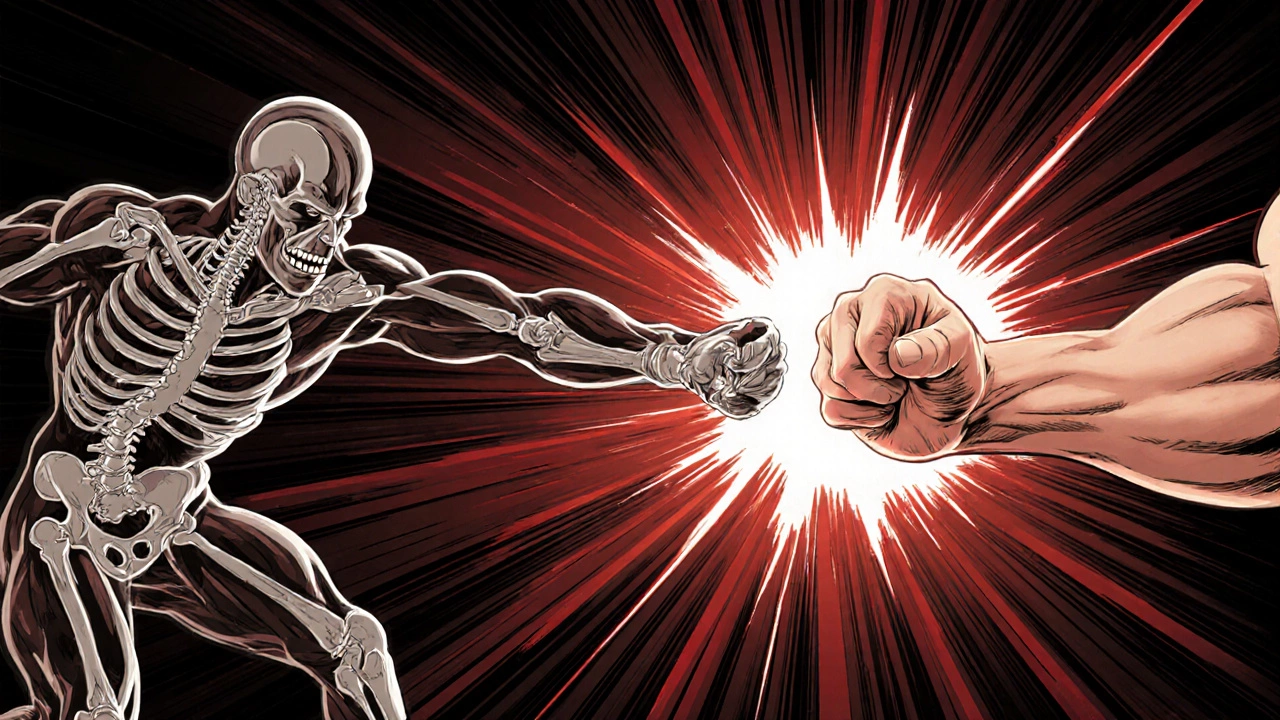 Динамичная иллюстрация с прозрачными слоями, показывающими цепочку движения силы от стоп до кулака.