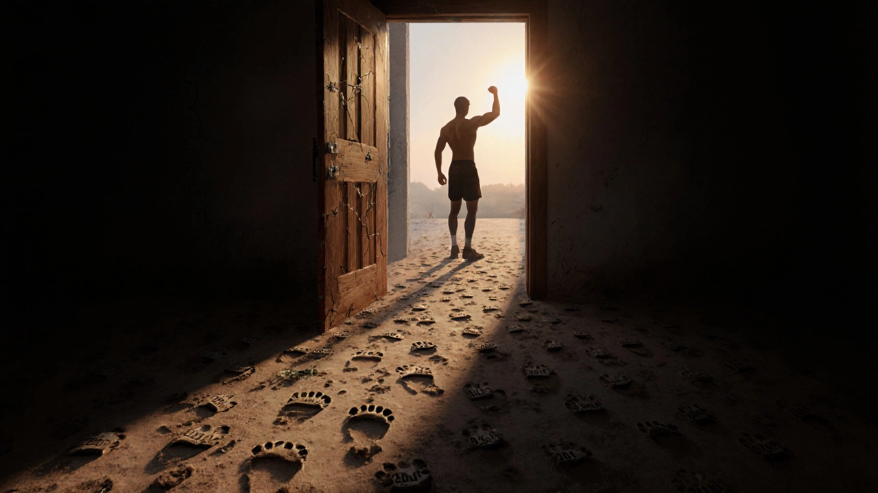 Дорога из 3000 следов ведет к фигуре, поднимающей кулак к рассвету.