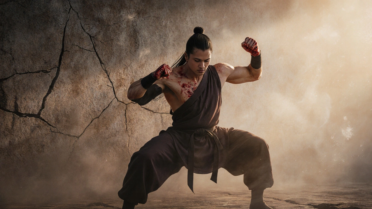 Фигура в позе коня в кунг-фу, кулаки в крови, бьёт в стену на рассвете, символ упорства и жертвы.