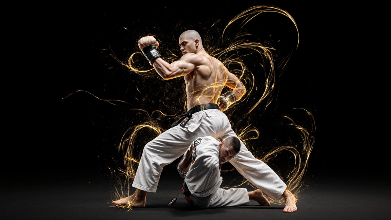 Композитный образ бойца, сочетающий элементы бокса, дзюдо и борьбы в единой динамичной позе.