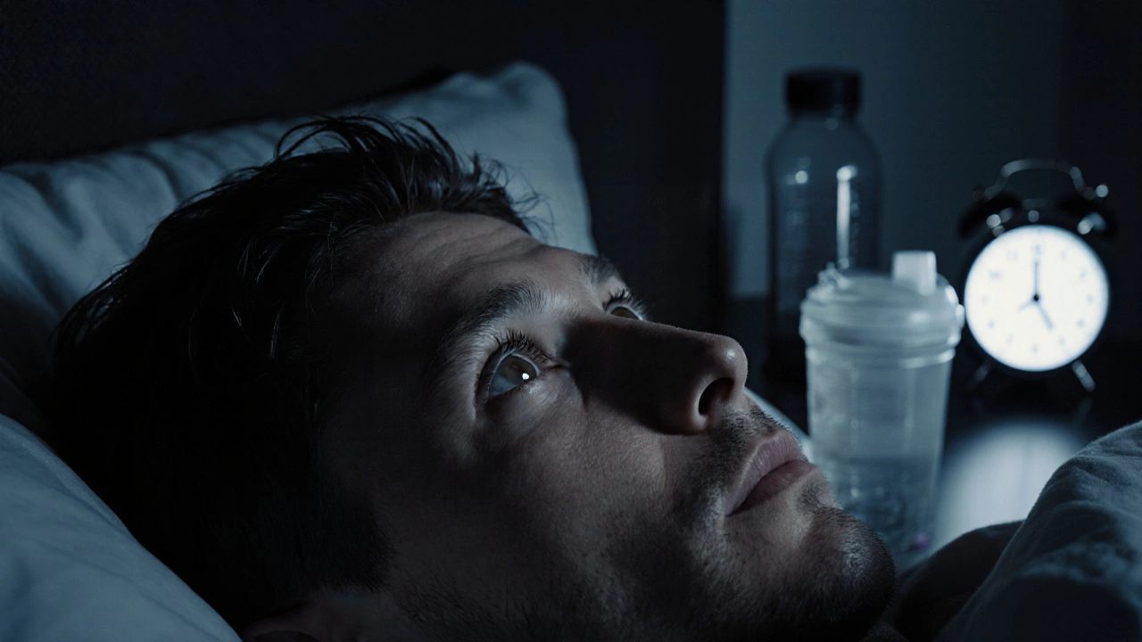 Лицо человека с открытыми глазами в темной спальне, часы показывают 3:17, луна светит через окно.