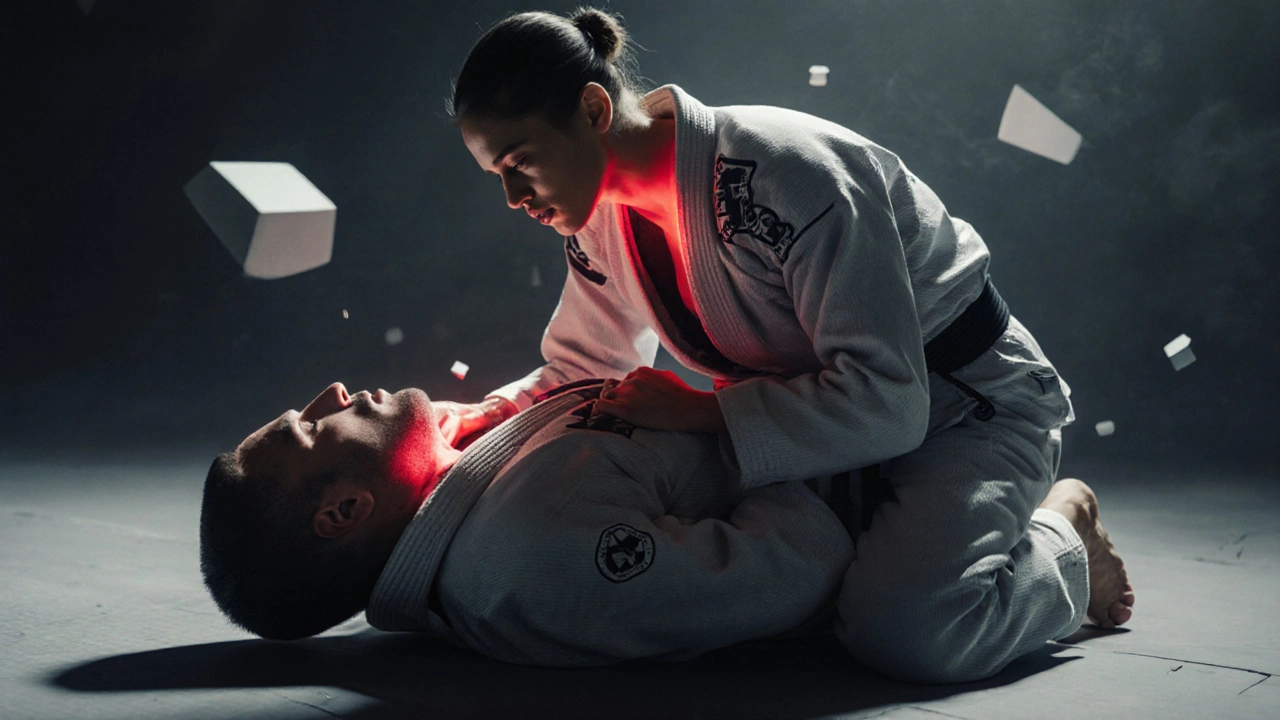 Маленький боец душит крупного противника на земле, вокруг — абстрактные формы страха, тишина и контроль.