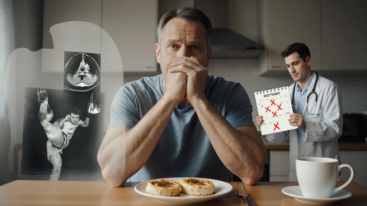 Мужчина сидит за столом, забывший завтрак, вокруг него — образы прошлых тренировок и медицинских обследований.
