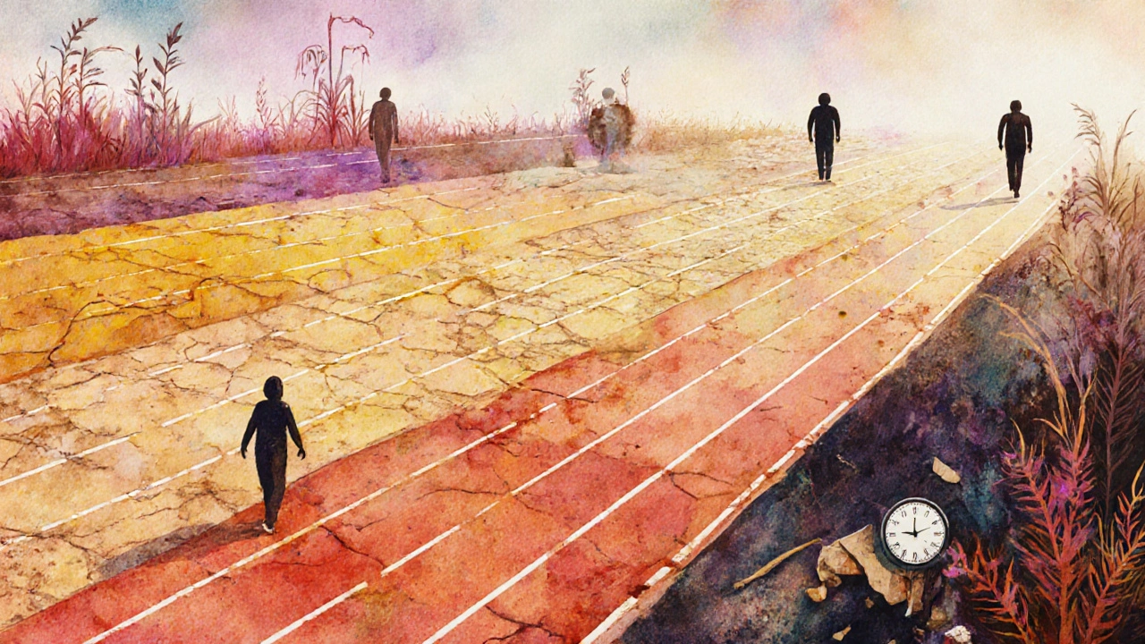 Пять стадий выгорания как исчезающий путь по беговой дорожке, от ярких цветов к мрачным теням.