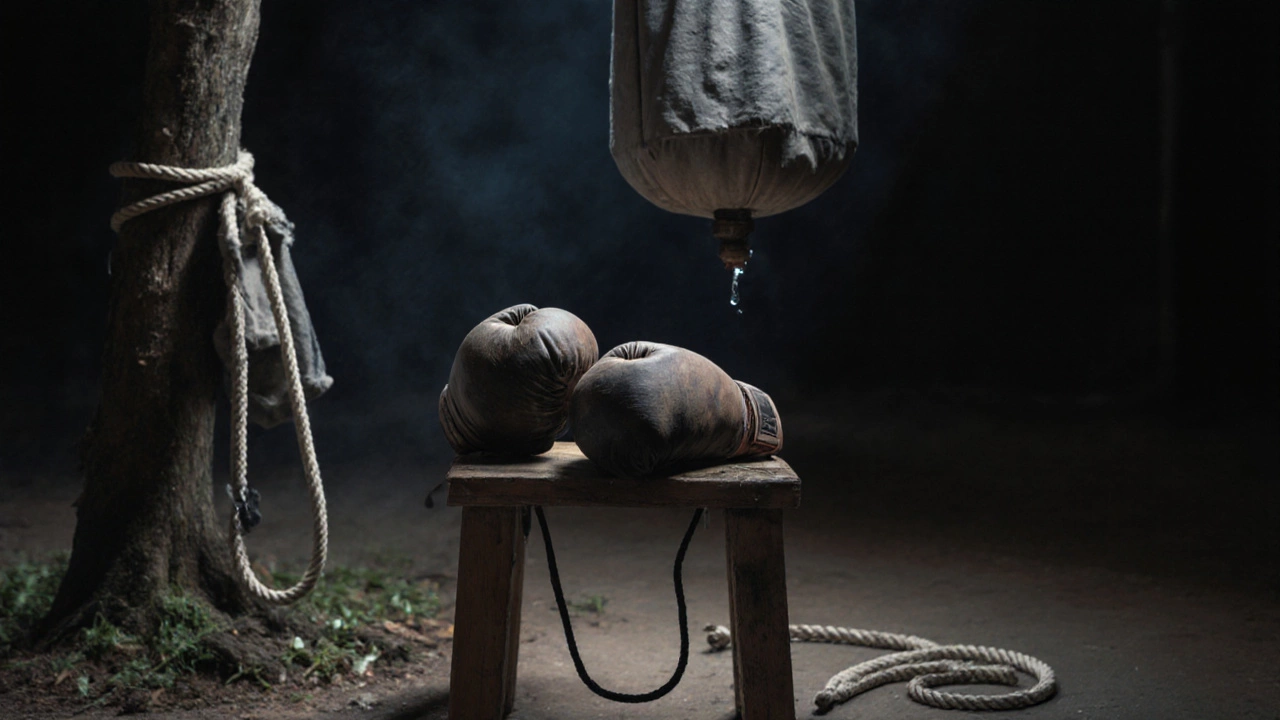 Перчатки и самодельная груша на фоне деревянного стула, символизирующие начало бокса дома без зала.