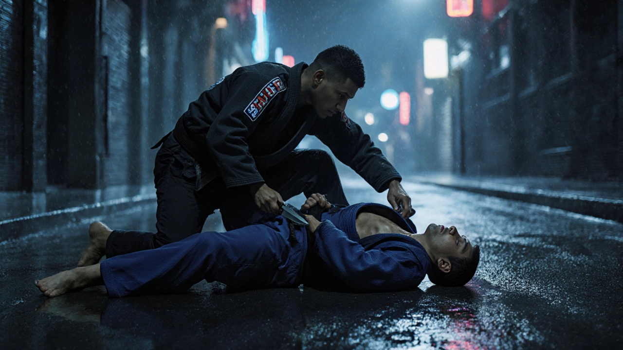 Практик бразильского джиу-джитсу безударно задушает нападавшего с ножом, не оставляя следов крови.