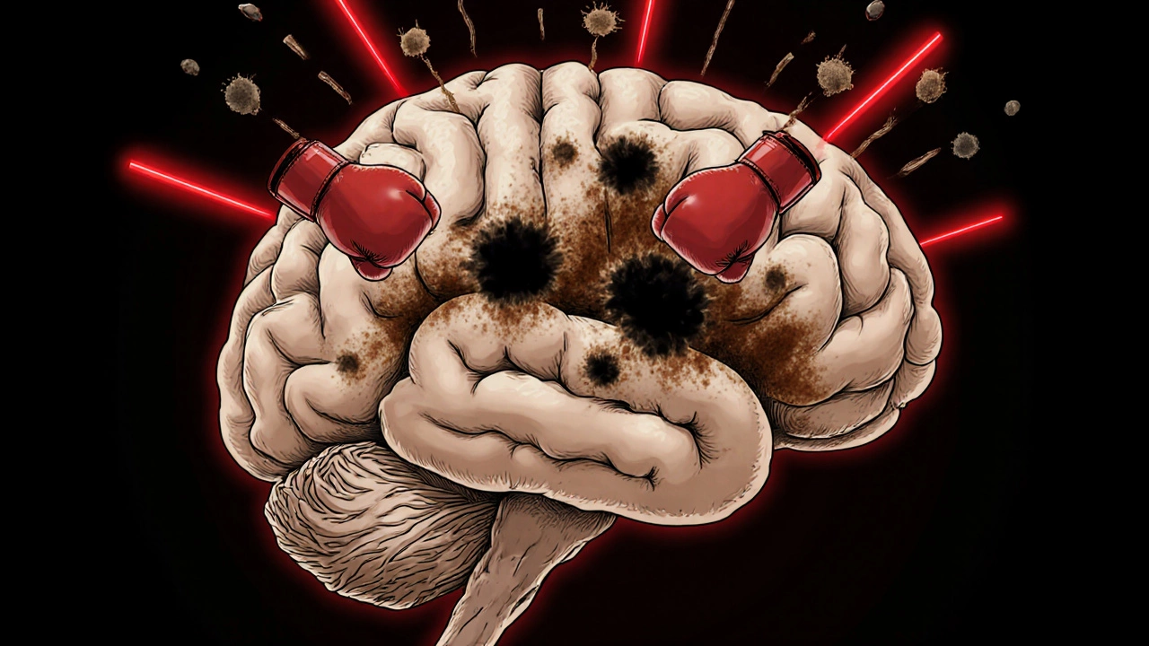 Разрез мозга с накоплением тау-белка, напоминающего ржавчину, вызванного повторными ударами.