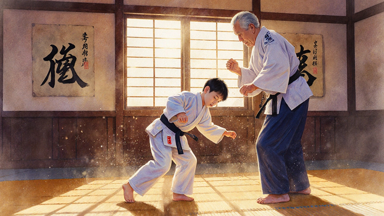 Ребёнок и пожилой человек вместе учатся падать в додзё под наблюдением тренера.