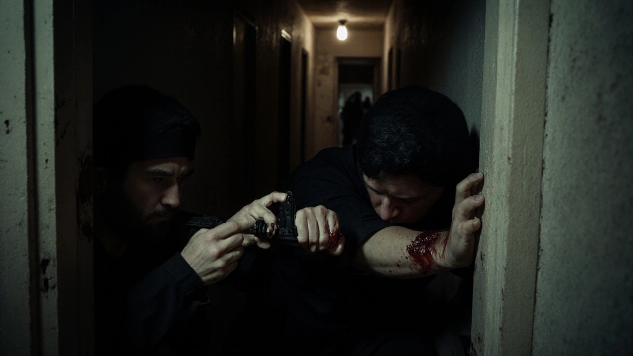 Российский оперативник использует дверную ручку как рычаг, чтобы сломать запястье нападавшего в тесном коридоре.