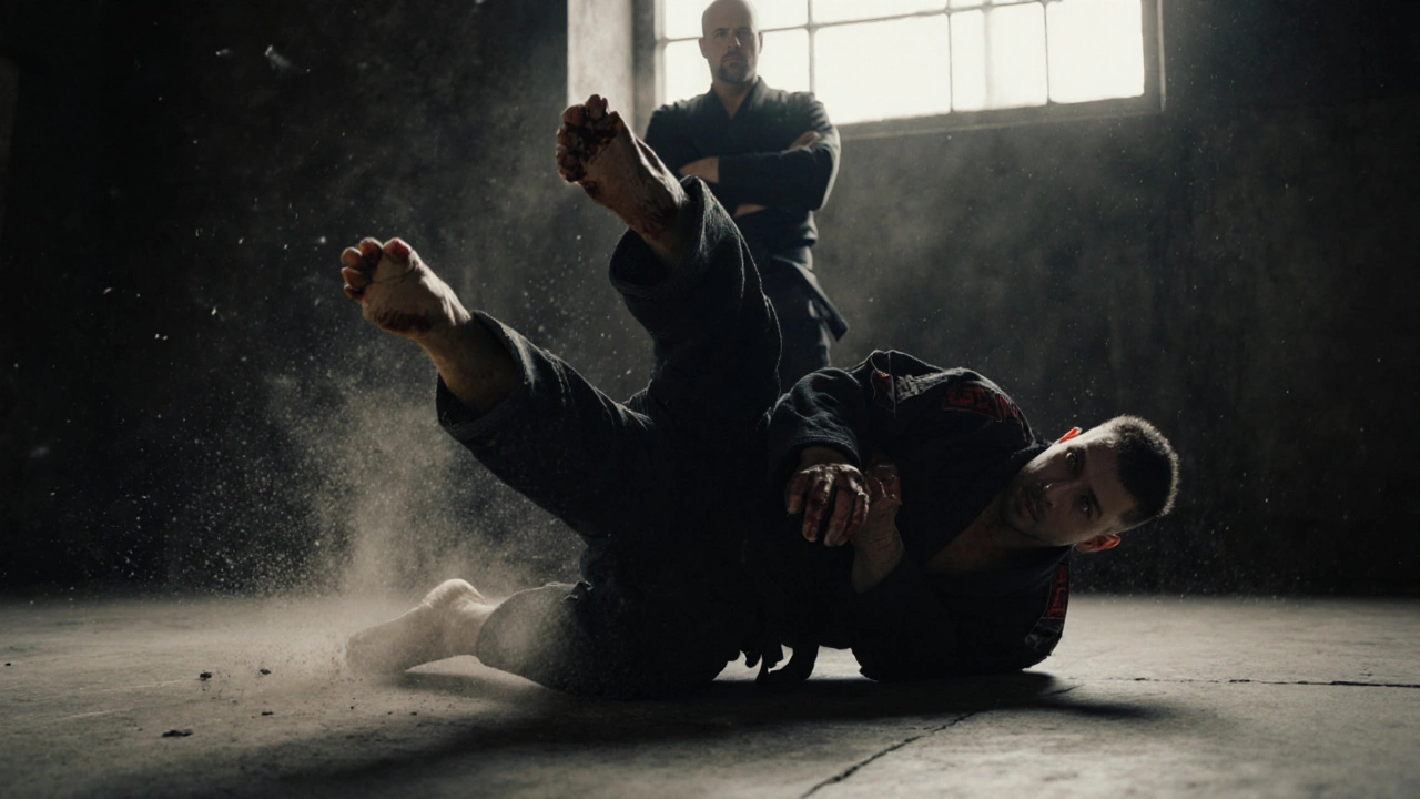 Самбист бросает соперника на бетонный пол, тренер наблюдает строго, атмосфера жестокой борьбы.