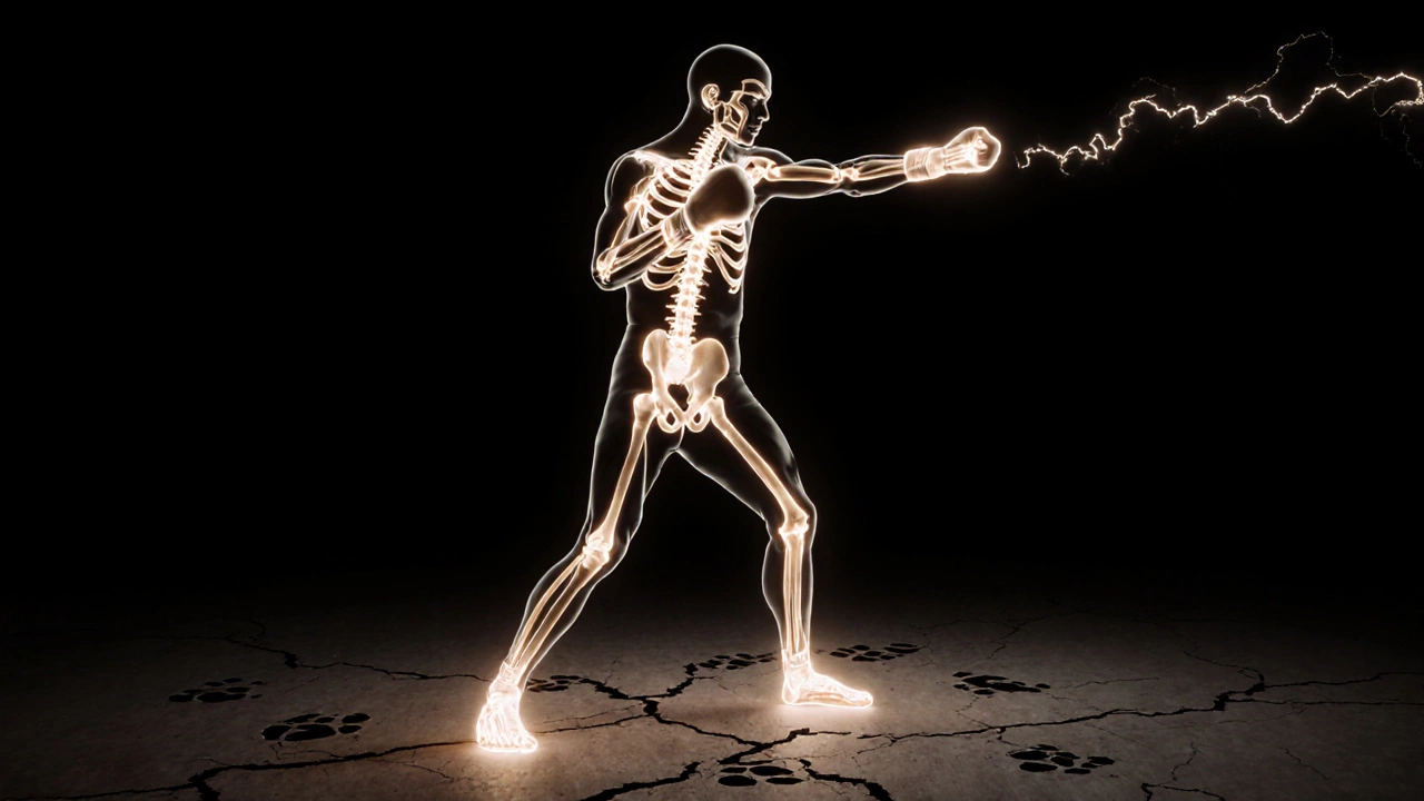 Силуэт боксера с светящимися траекториями энергии, идущими от стоп к кулаку, на темном фоне.