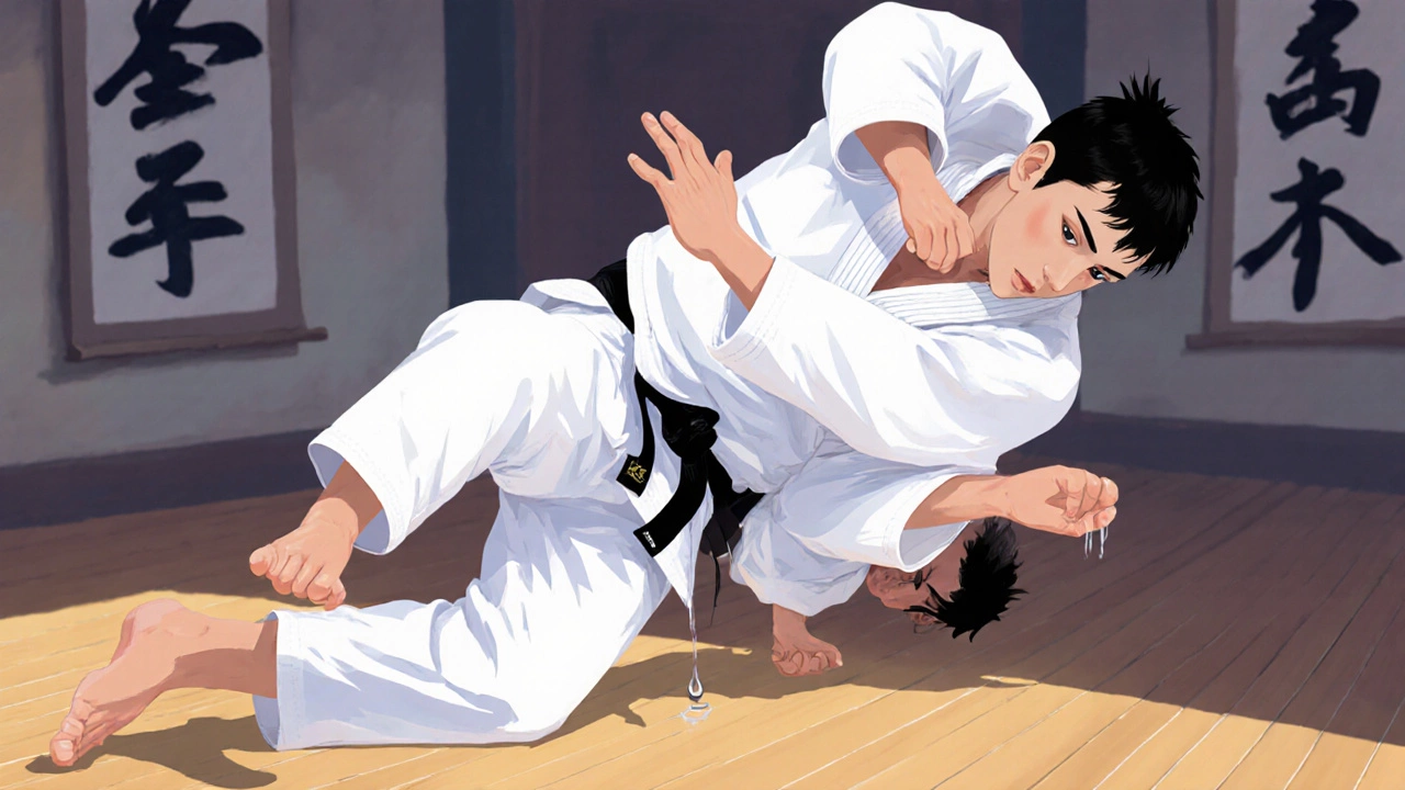 Спортсмены в дзюдо в момент броска, сосредоточенные и спокойные.