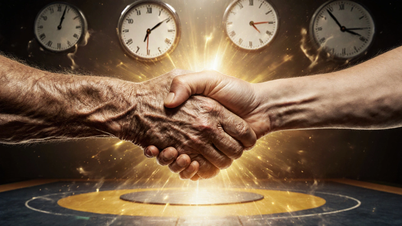 Старые и молодые руки в объятиях борьбы, символизирующие опыт и время.