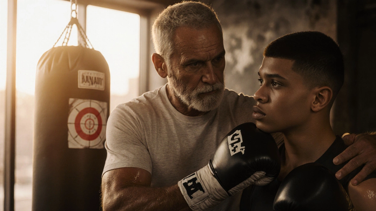 Тренер и боксер смотрят на экран с замедленным видео удара, мягкий свет за окном, атмосфера ответственности.