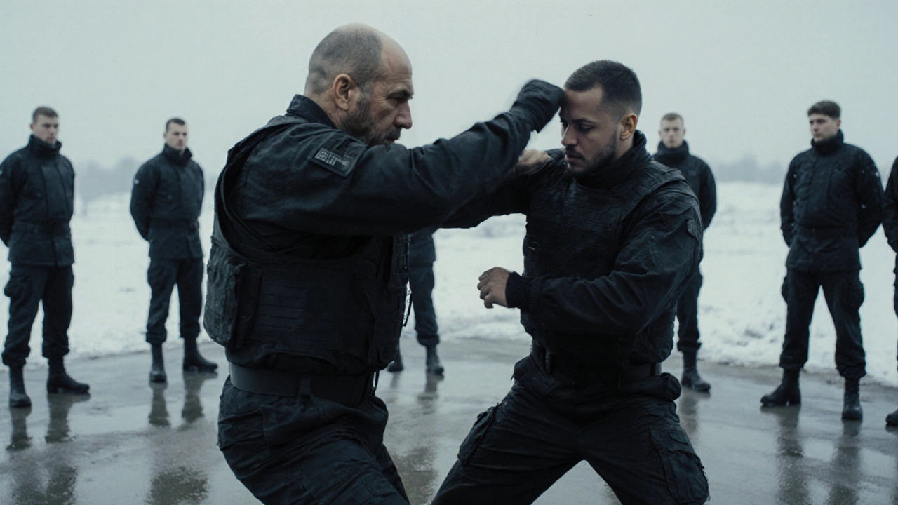 Тренер в тактической одежде показывает приём Бартона: удар в висок и коленный удар в пах на бетонном полу.