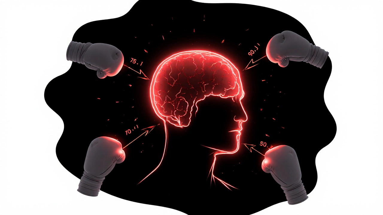 Три уязвимые зоны на голове — висок, подбородок и затылок — светятся красным, рядом — цифры энергии удара.