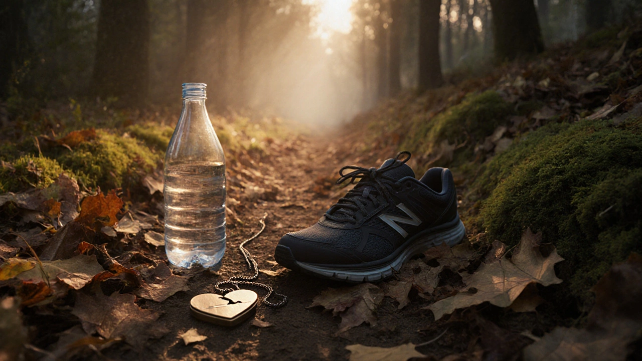 Забытая кроссовка на лесной тропе рядом с треснувшим сердечком, осенние листья и туман.