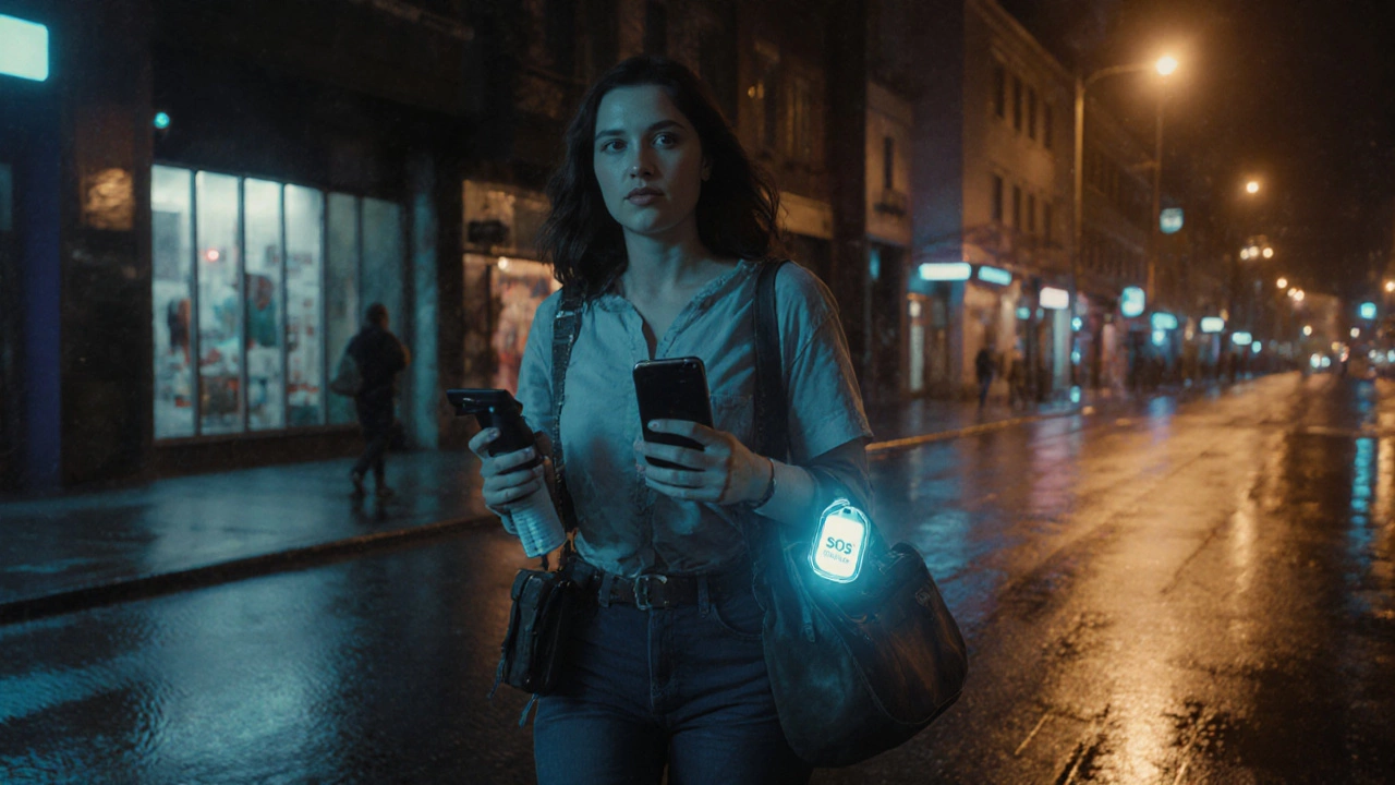 Женщина идет по ночному городу с перцовым баллончиком и трекером SOS.