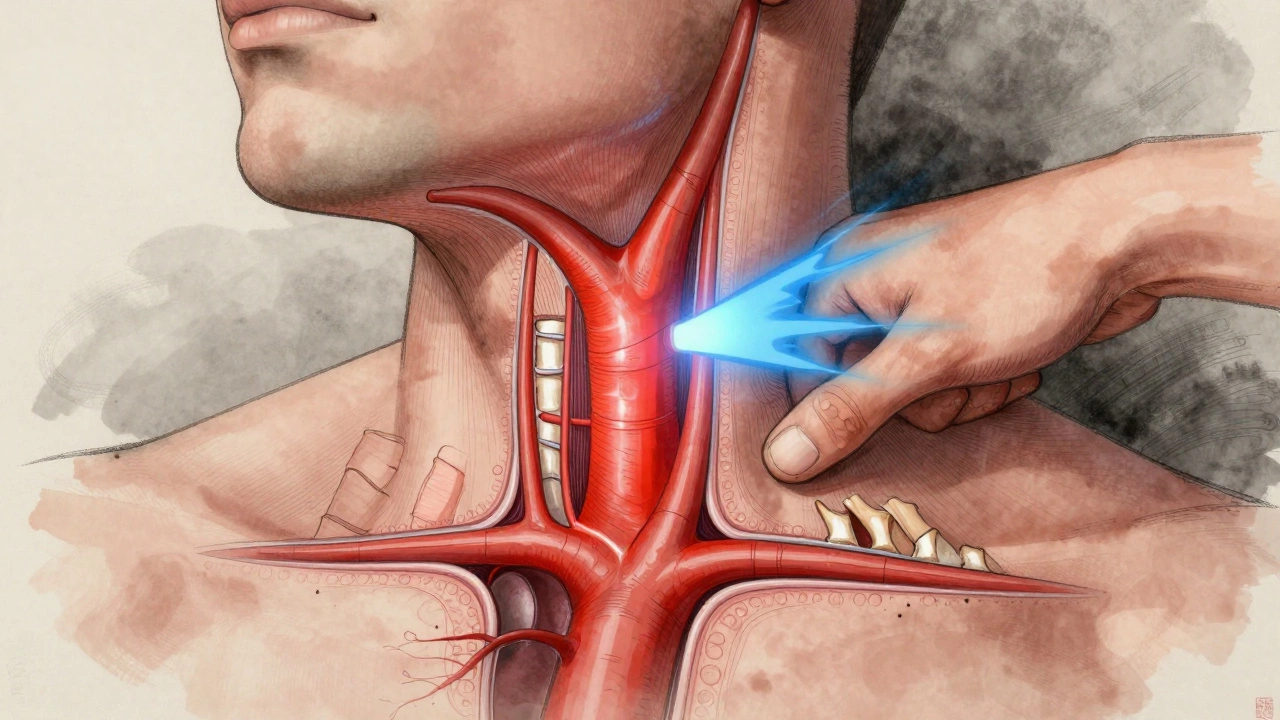 Анатомический разрез шеи с выделенной сонной артерией и ударом, направленным на неё.