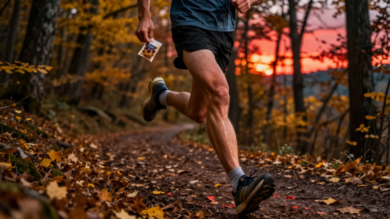 Бегун на тропе держит изюм, закат освещает его путь.