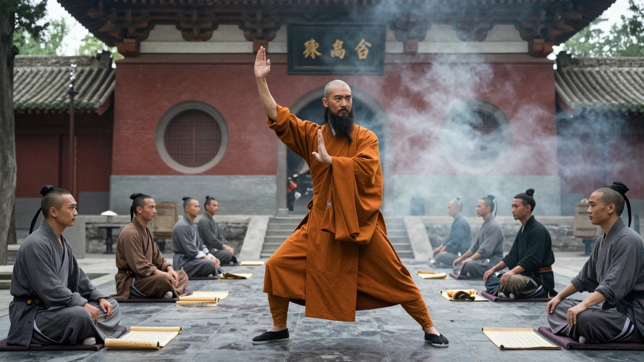 Бодhidхарма обучает монахов Шаолиня пяти движениям, происходящим из каларипаятту.