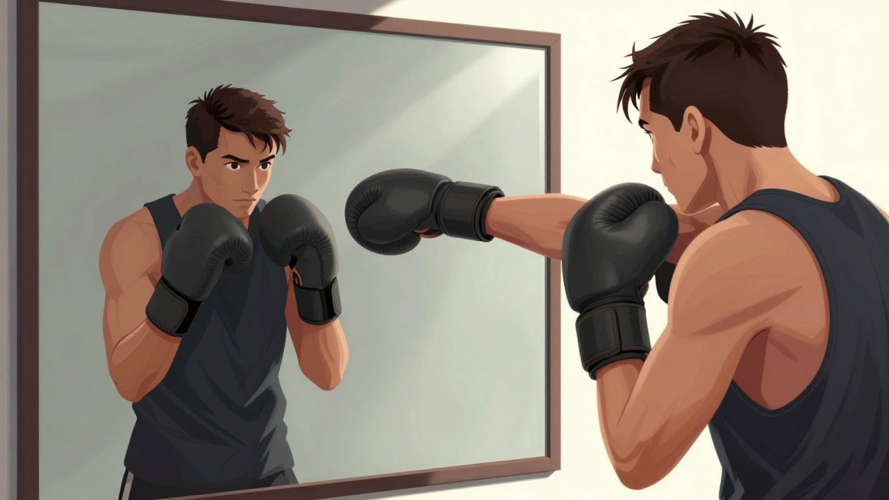 Боксер тренируется перед зеркалом, показывая правильную форму прямого удара.
