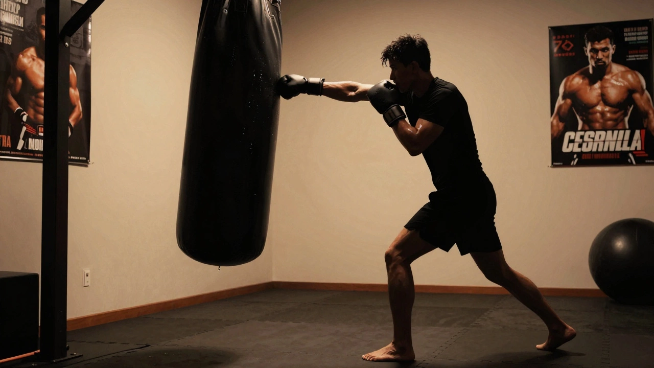 Человек в движении отрабатывает технику бокса, не нанося ударов в голову, акцент на правильной форме и контроле.