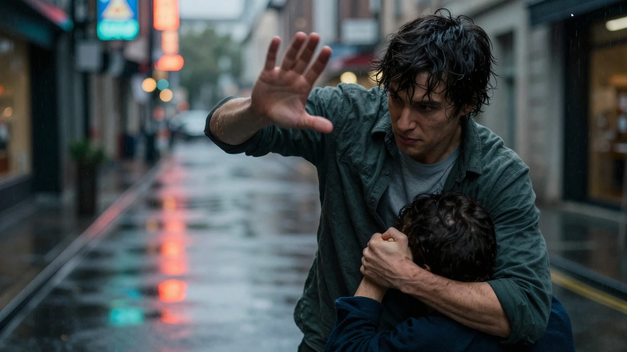 Человек защищается на улице: блокирует удар и применяет удушающий приём из джиу-джитсу.