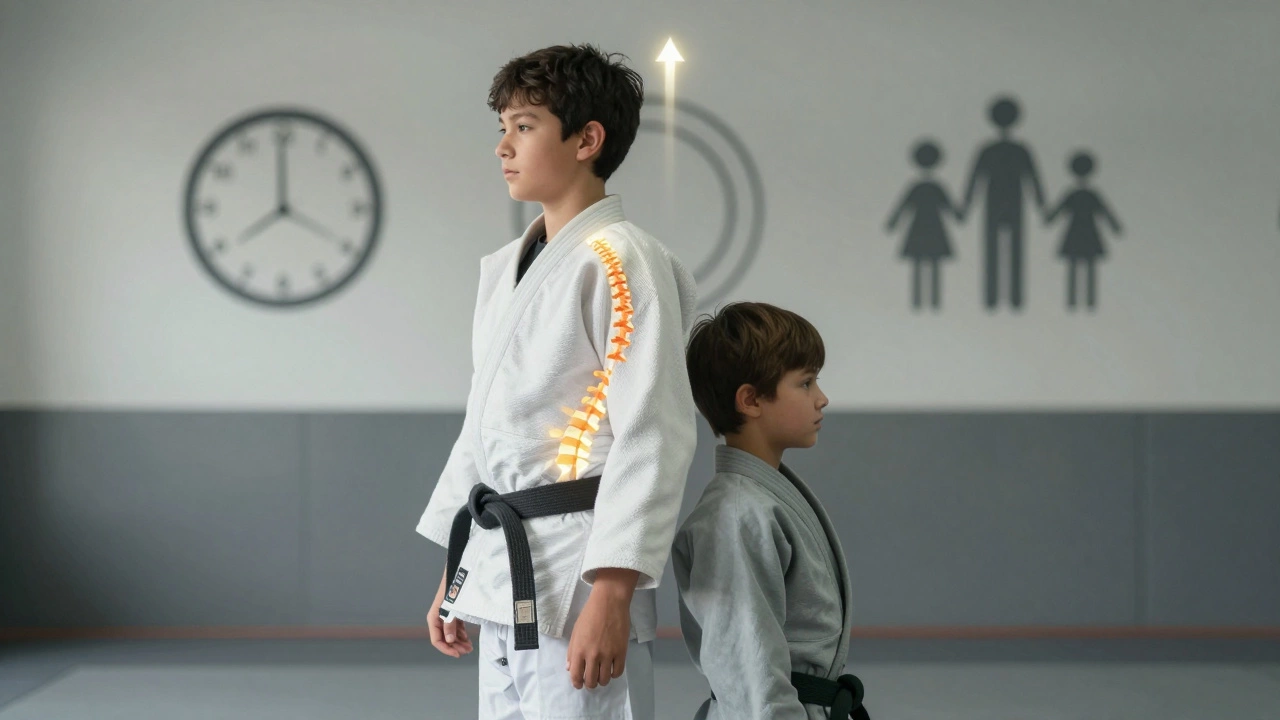 Два мальчика: один с правильной осанкой после дзюдо, другой сутулится — акцент на осанке.