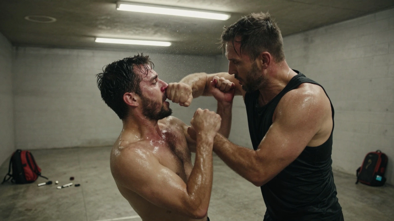 Инструктор показывает жесткий удар локтем в нос на бетонном полу без снаряжения.