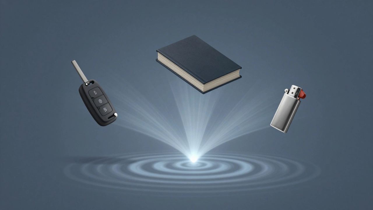 Ключ, книга и зажигалка излучают энергию, направленную на висок человека.