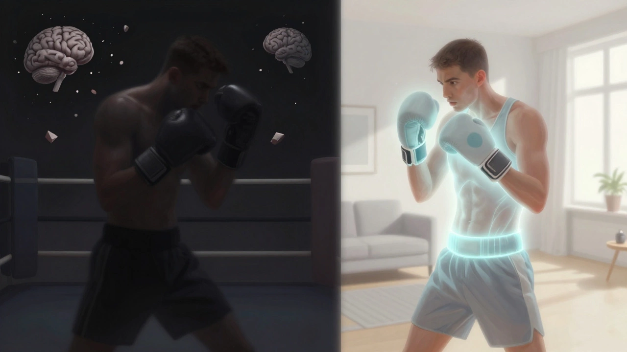 Контраст двух путей: один — с ударами в голову и риском, другой — безопасная тренировка дома с фокусом на технику.