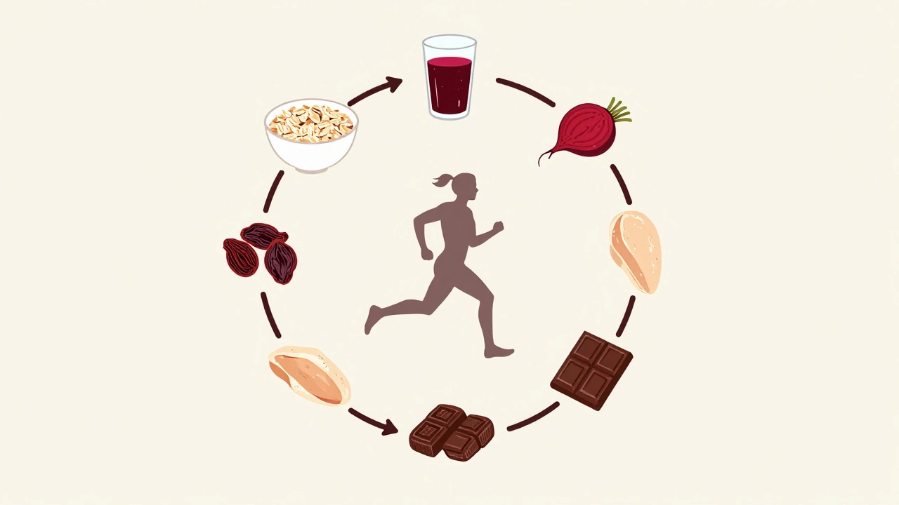 Круговая схема продуктов, повышающих выносливость, вокруг бегуна.