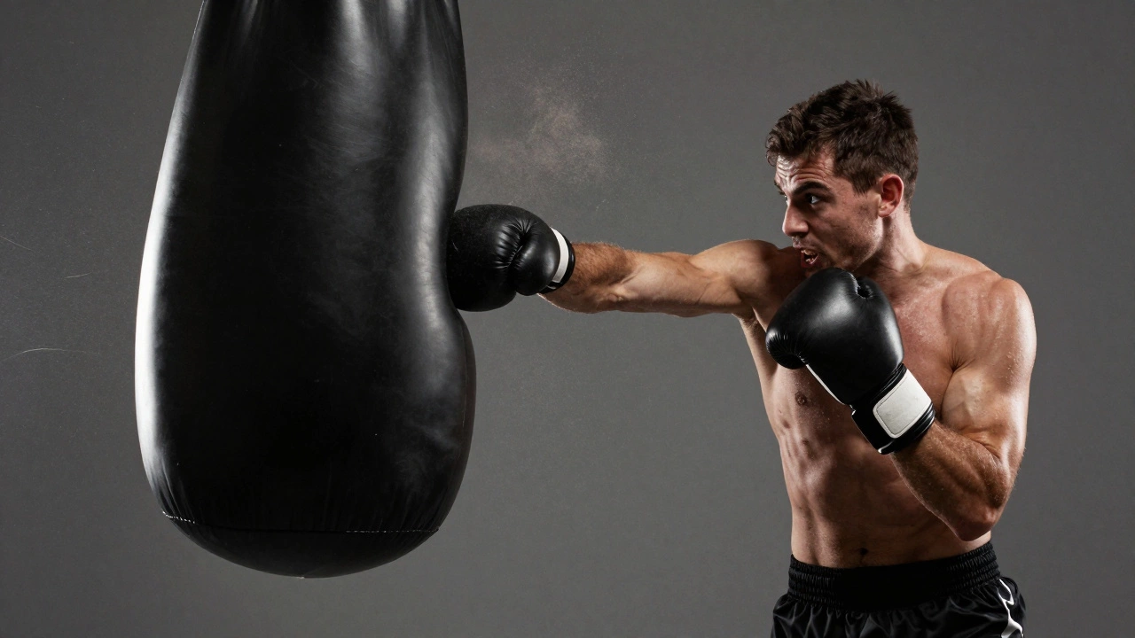 Крупный план кулака в момент удара по мешку — мешок деформирован, пыль взлетает, тело боксера полностью развернуто.