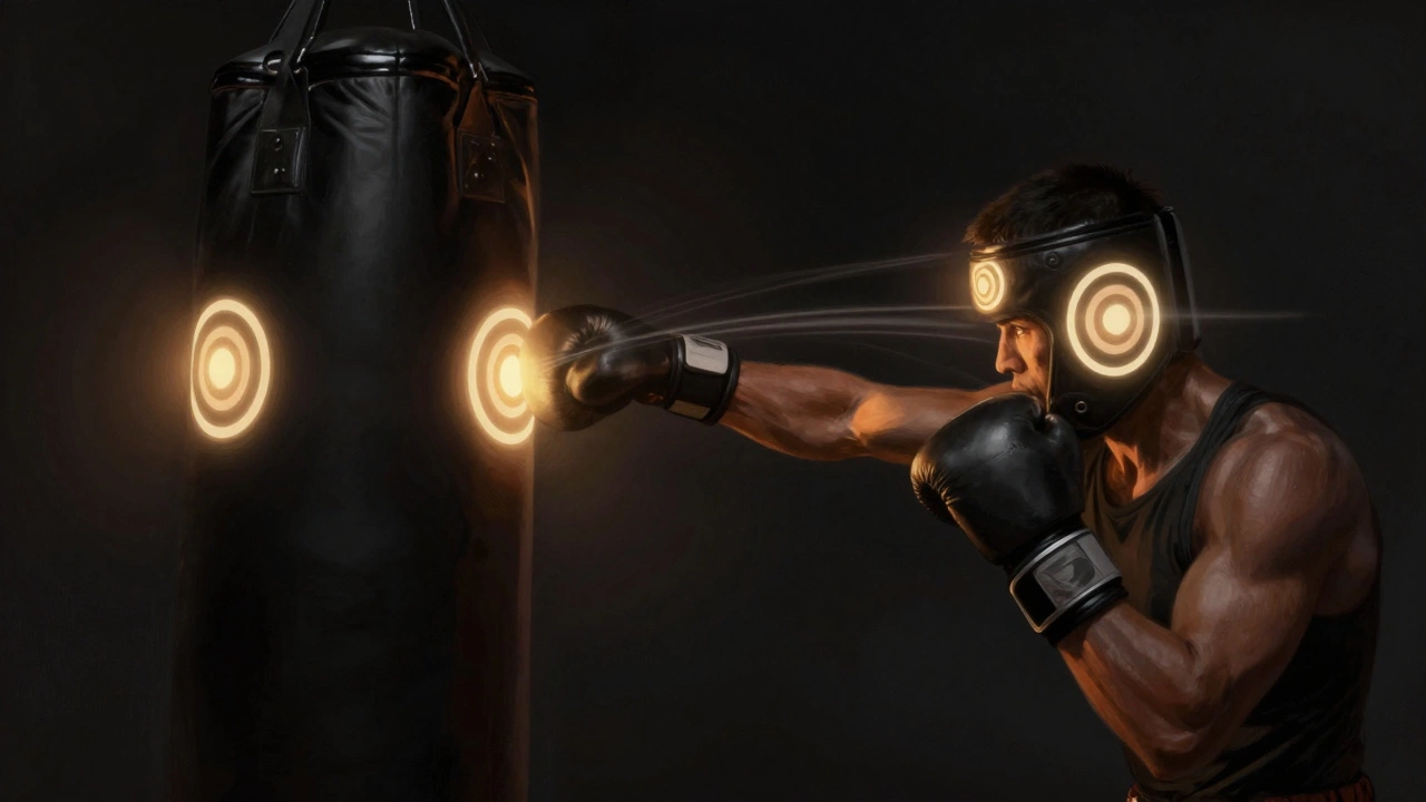 Перчатка попадает в светящийся круг на боксерском мешке, подчеркивая точность удара.