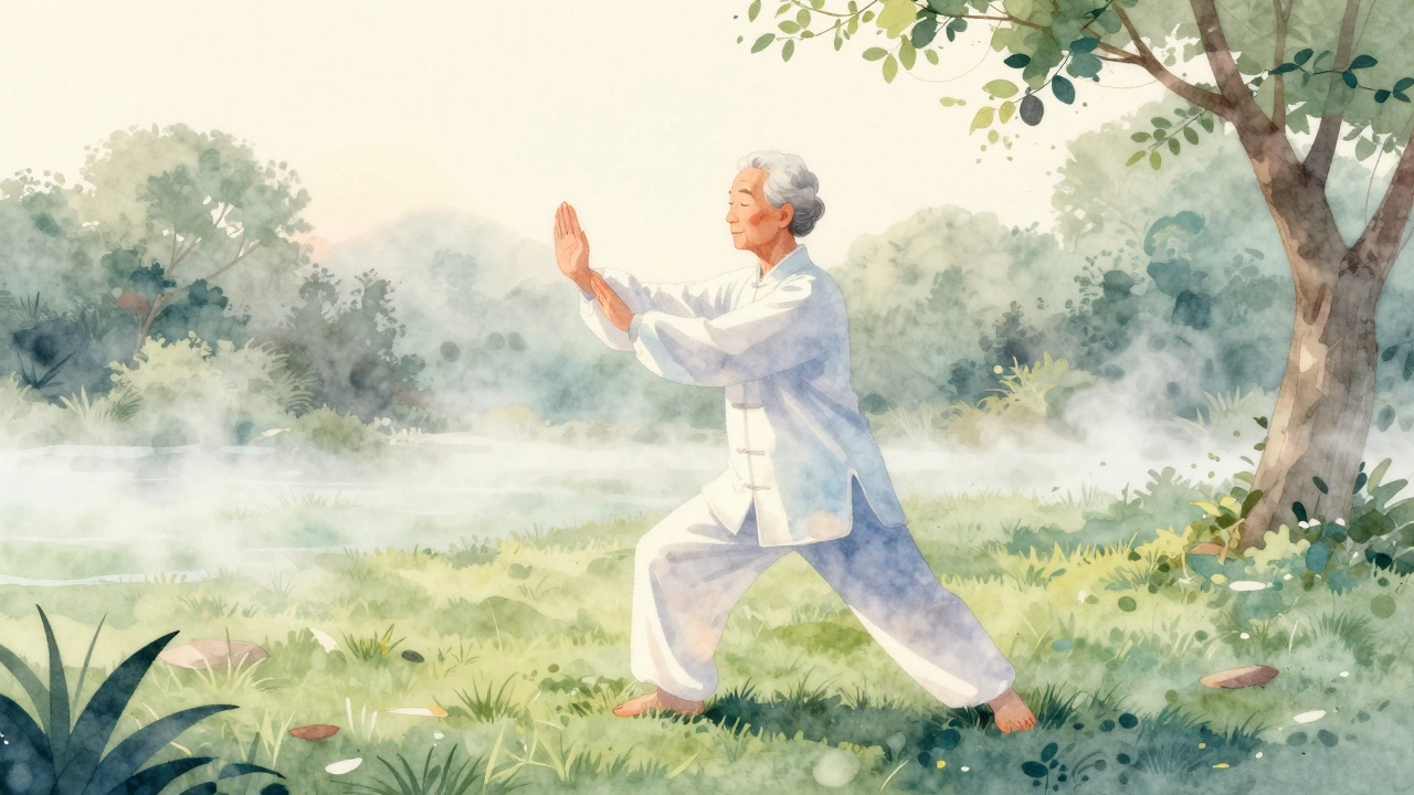 Пожилой человек занимается тай-чи в тихом парке на рассвете.