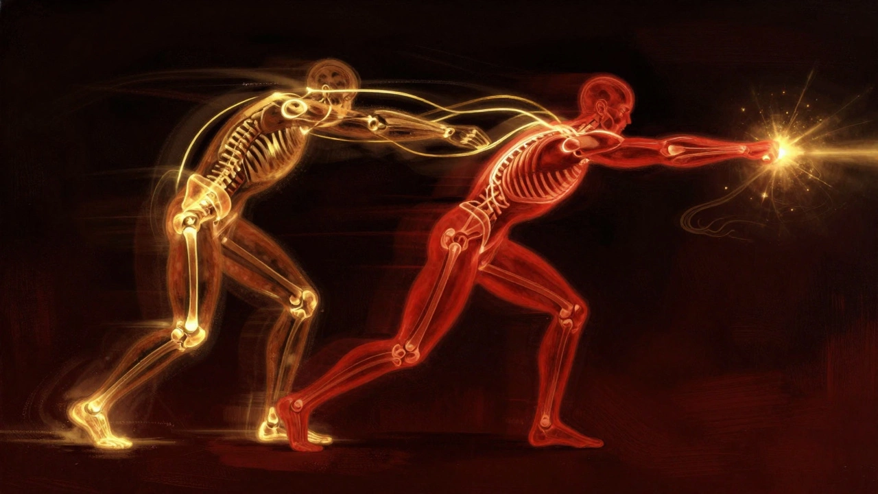 Схематичное изображение тела как цепи передачи энергии: от стоп до кулака, с светящимися линиями движения.