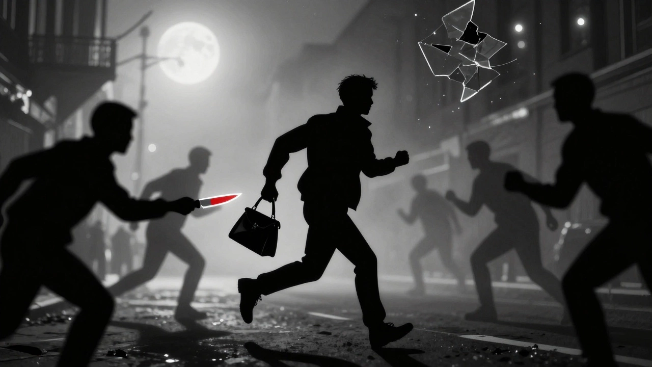 Силуэт человека убегает от теней с ножом, держа сумку как оружие в туманной улице.